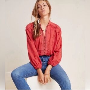 Anthropologie Maeve Coral Auguste Embroidered Crochet Swiss Dot Blouse Size L